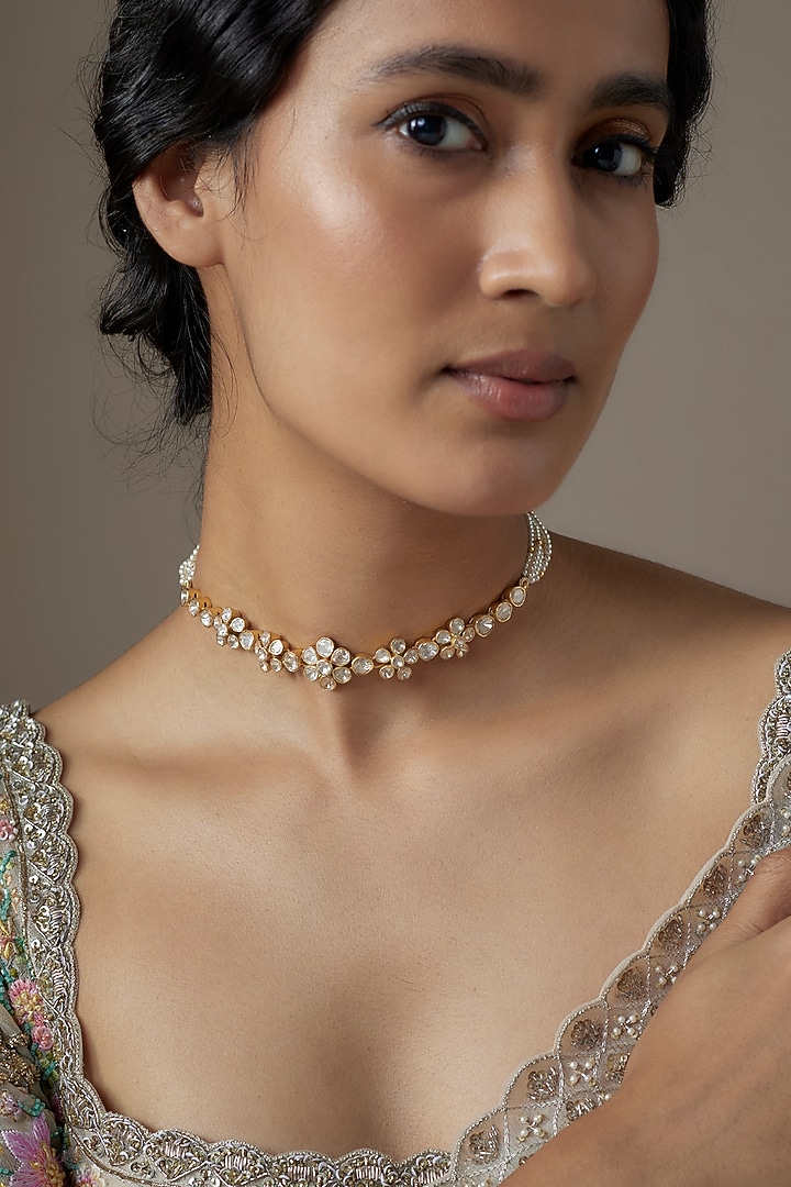 Gold Finish Moissanite Polki & Pearl Necklace In Sterling Silver by KARISA DESIGNS at Pernia's Pop Up Shop