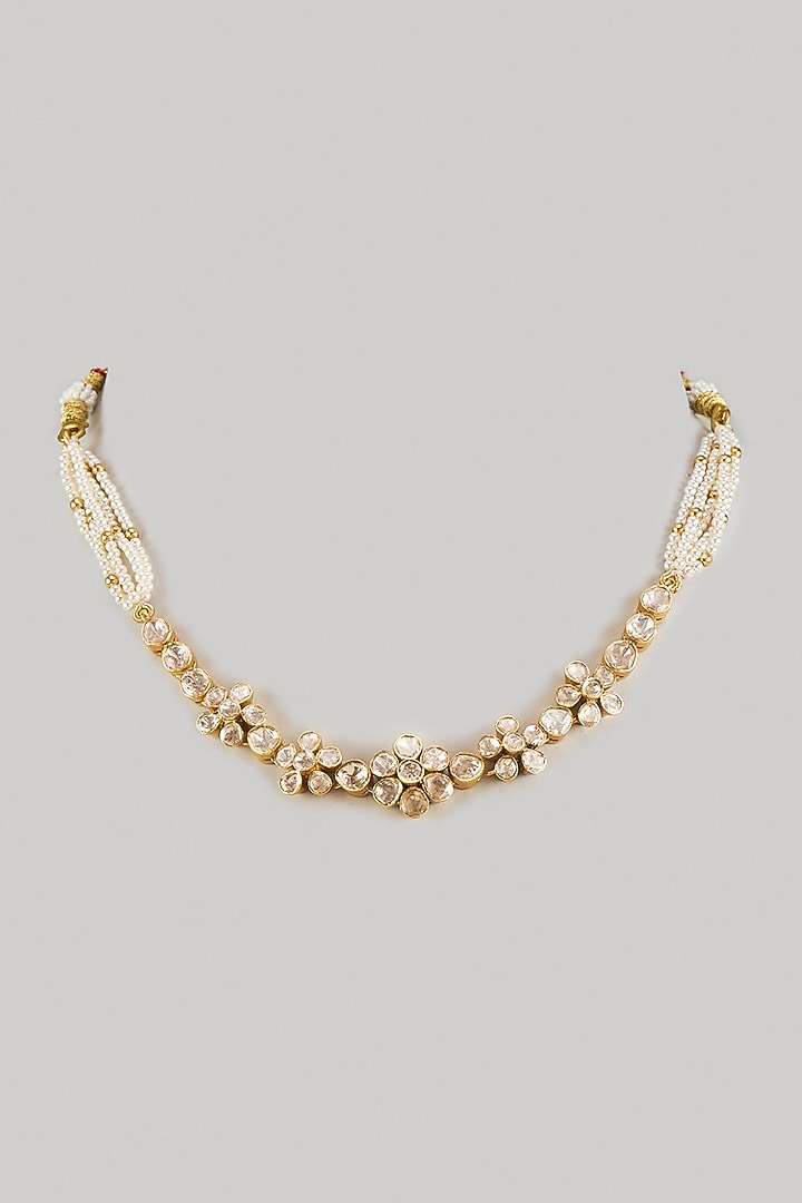 Gold Finish Moissanite Polki & Pearl Necklace In Sterling Silver by KARISA DESIGNS at Pernia's Pop Up Shop