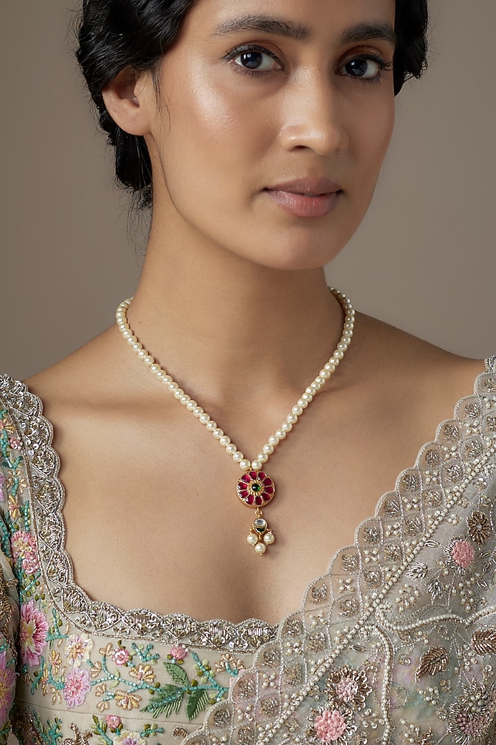 Gold Finish Red Kundan Polki & Pearl Necklace In Sterling Silver by KARISA DESIGNS at Pernia's Pop Up Shop