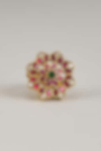 Gold Finish Red Kundan Polki Adjustable Ring In Sterling Silver by KARISA DESIGNS at Pernia's Pop Up Shop