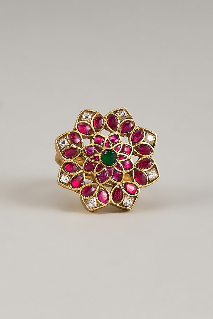 Gold Finish Red Kundan Polki Adjustable Ring In Sterling Silver by KARISA DESIGNS at Pernia's Pop Up Shop