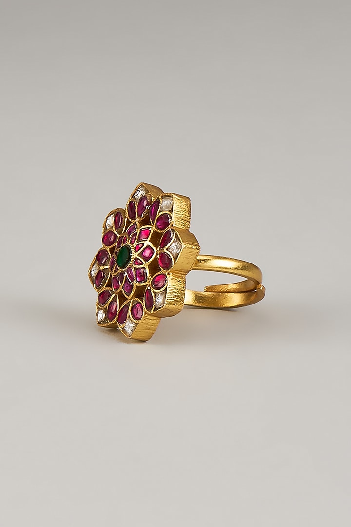 Gold Finish Red Kundan Polki Adjustable Ring In Sterling Silver by KARISA DESIGNS at Pernia's Pop Up Shop