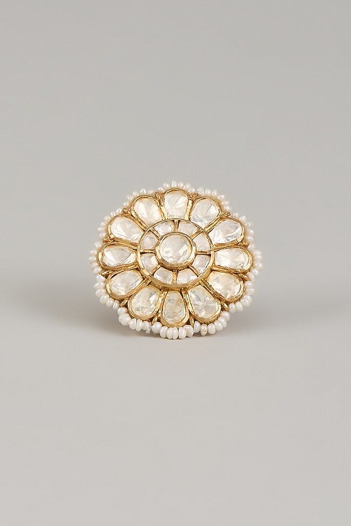 Gold Finish Moissanite Polki Adjustable Ring In Sterling Silver by KARISA DESIGNS at Pernia's Pop Up Shop