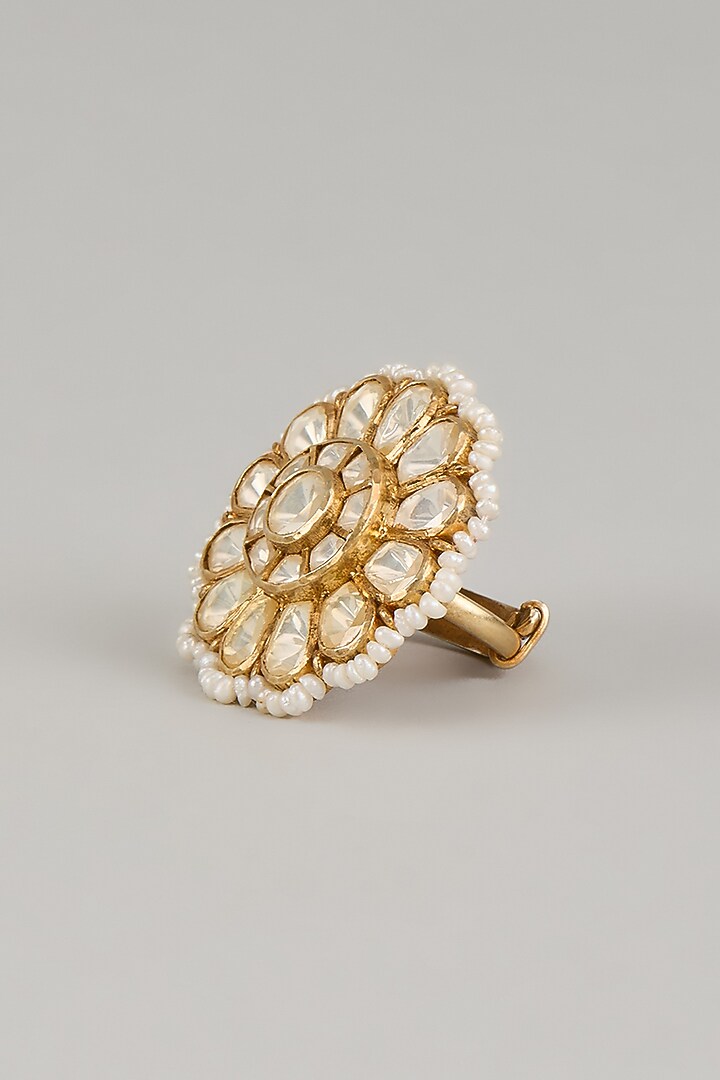 Gold Finish Moissanite Polki Adjustable Ring In Sterling Silver by KARISA DESIGNS at Pernia's Pop Up Shop