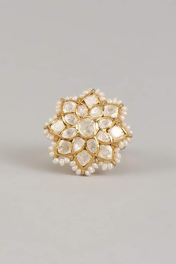 Gold Finish Moissanite Polki Adjustable Ring In Sterling Silver by KARISA DESIGNS at Pernia's Pop Up Shop