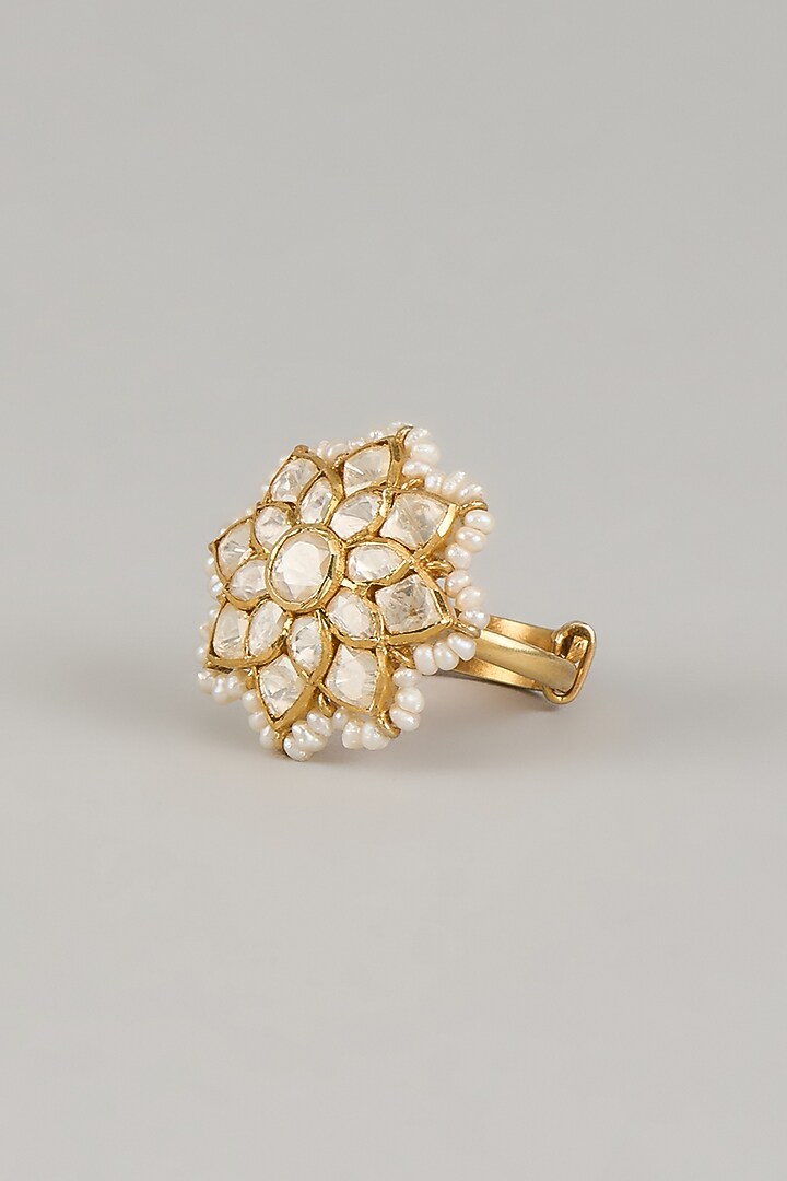 Gold Finish Moissanite Polki Adjustable Ring In Sterling Silver by KARISA DESIGNS at Pernia's Pop Up Shop