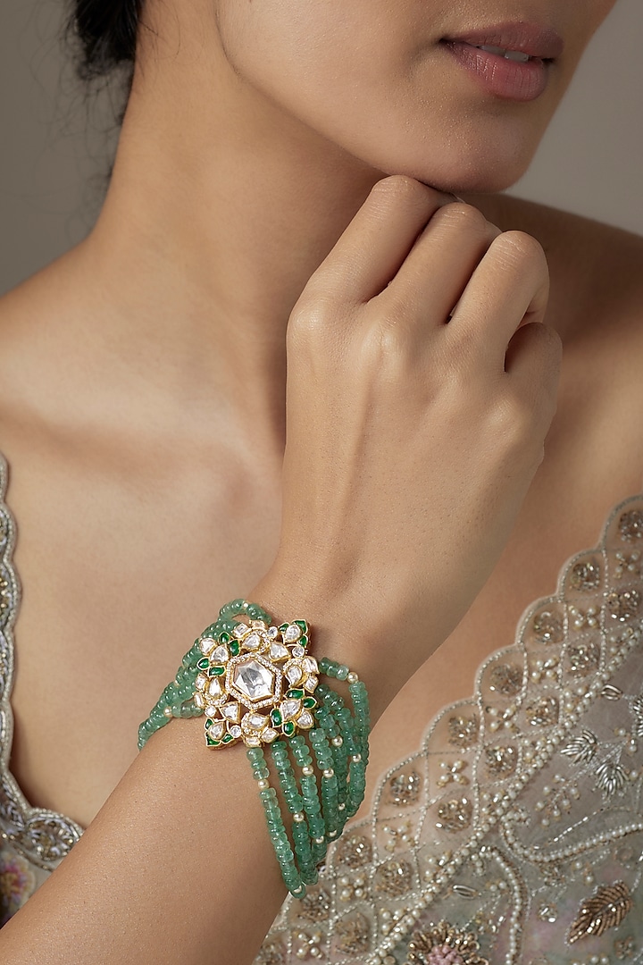 Gold Finish Emerald Moissanite Polki Bracelet In Sterling Silver by KARISA DESIGNS at Pernia's Pop Up Shop