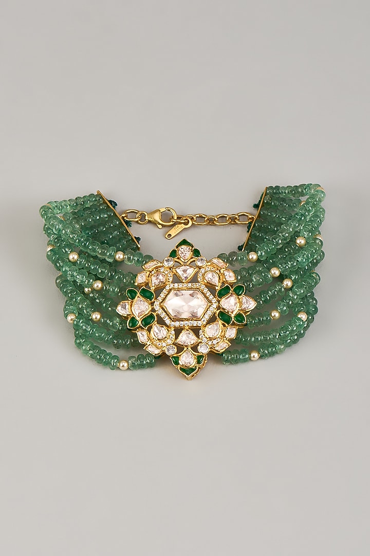 Gold Finish Emerald Moissanite Polki Bracelet In Sterling Silver by KARISA DESIGNS at Pernia's Pop Up Shop