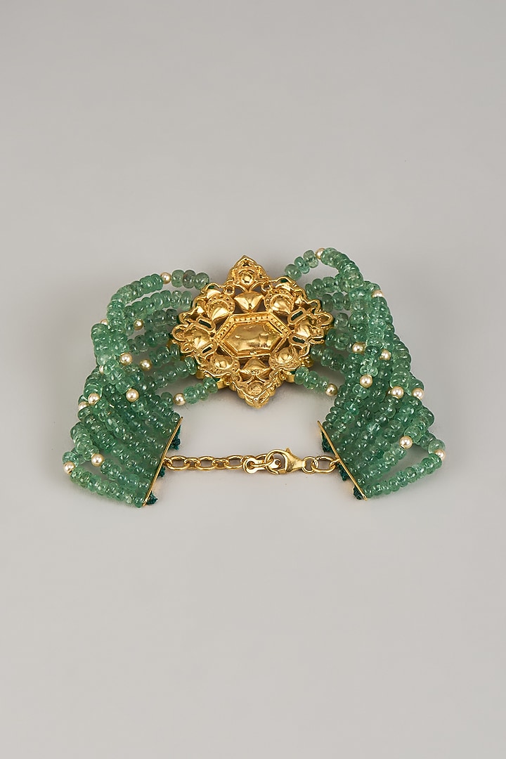 Gold Finish Emerald Moissanite Polki Bracelet In Sterling Silver by KARISA DESIGNS at Pernia's Pop Up Shop