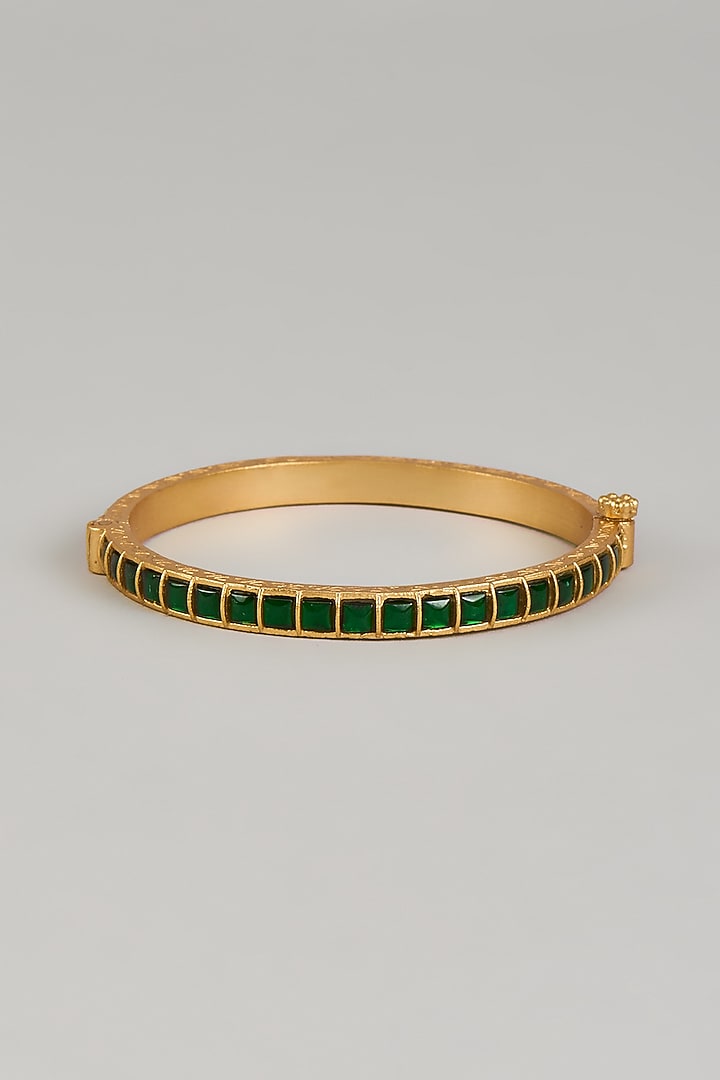 Gold Finish Green Kundan Polki Bangle In Sterling Silver by KARISA DESIGNS at Pernia's Pop Up Shop