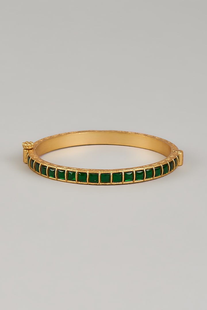 Gold Finish Green Kundan Polki Bangle In Sterling Silver by KARISA DESIGNS at Pernia's Pop Up Shop