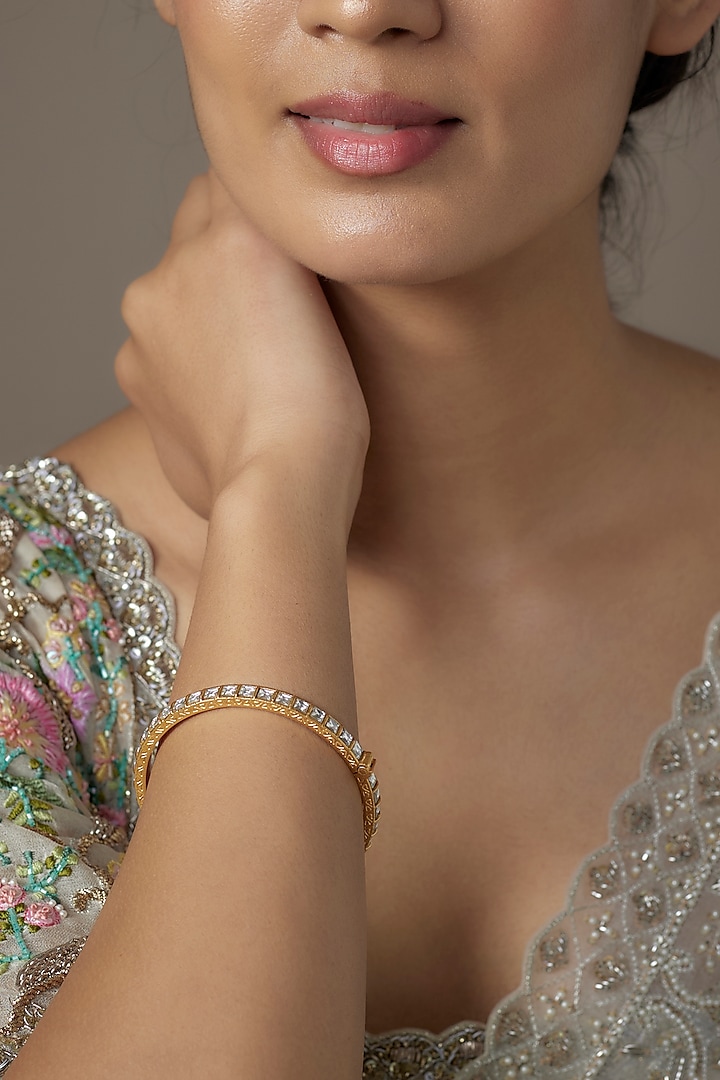 Gold Finish Kundan Polki Openable Bangle In Sterling Silver by KARISA DESIGNS at Pernia's Pop Up Shop