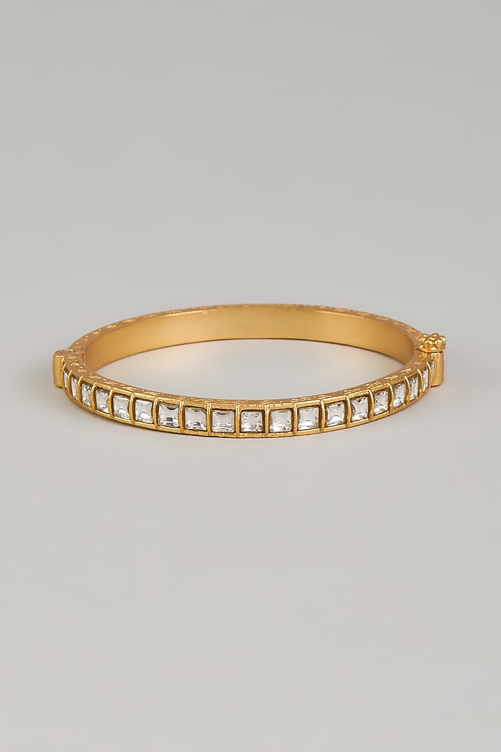 Gold Finish Kundan Polki Openable Bangle In Sterling Silver by KARISA DESIGNS at Pernia's Pop Up Shop