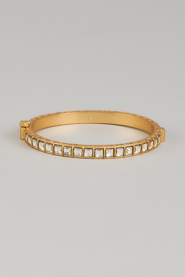Gold Finish Kundan Polki Openable Bangle In Sterling Silver by KARISA DESIGNS at Pernia's Pop Up Shop