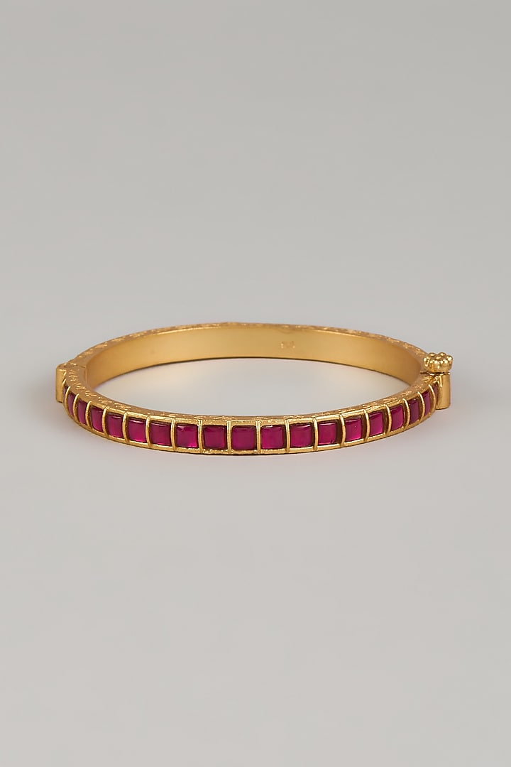 Gold Finish Red Kundan Polki Openable Bangle In Sterling Silver by KARISA DESIGNS at Pernia's Pop Up Shop