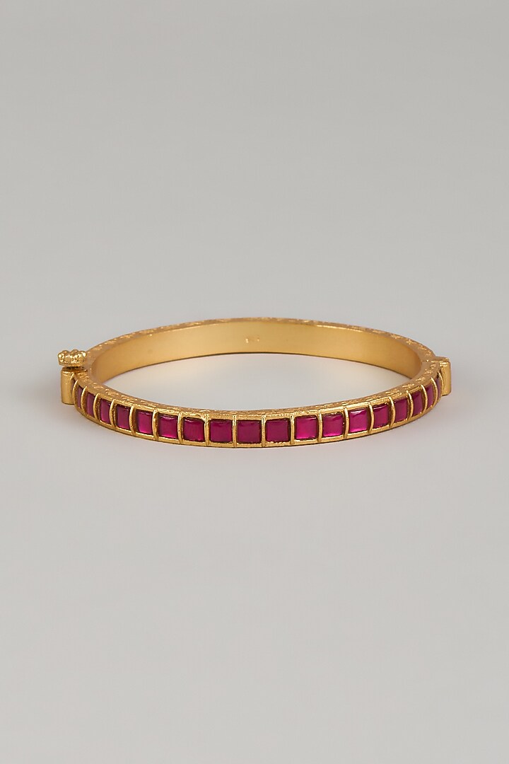 Gold Finish Red Kundan Polki Openable Bangle In Sterling Silver by KARISA DESIGNS at Pernia's Pop Up Shop
