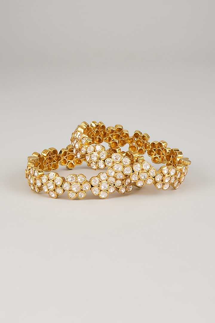 Gold Finish Kundan Polki Openable Floral Bangle In Sterling Silver (Set Of 2) by KARISA DESIGNS at Pernia's Pop Up Shop
