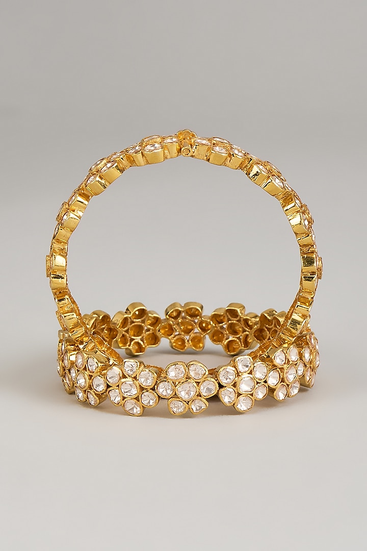 Gold Finish Kundan Polki Openable Floral Bangle In Sterling Silver (Set Of 2) by KARISA DESIGNS at Pernia's Pop Up Shop