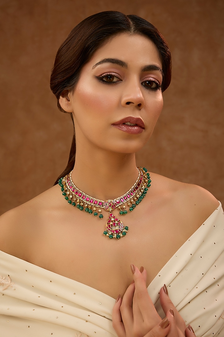 Gold Plated Red Kundan Polki Necklace In Sterling Silver by KARISA DESIGNS at Pernia's Pop Up Shop