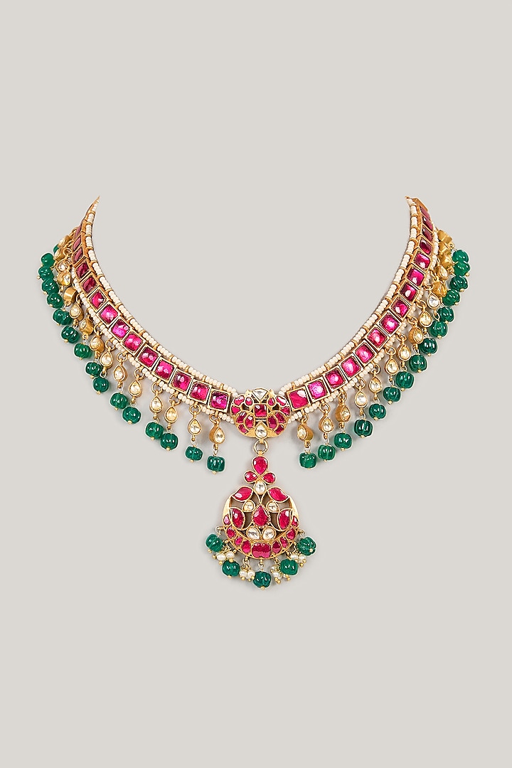 Gold Plated Red Kundan Polki Necklace In Sterling Silver by KARISA DESIGNS at Pernia's Pop Up Shop