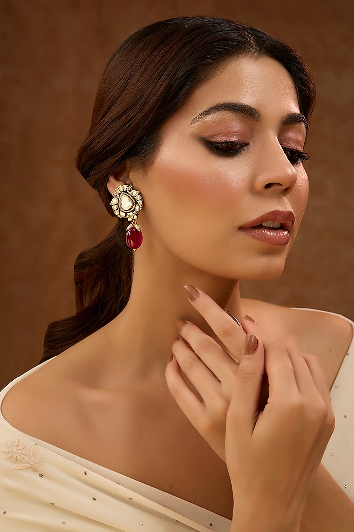 Black Rhodium Plated Red Kundan Polki Drop Earrings In Sterling Silver by KARISA DESIGNS at Pernia's Pop Up Shop