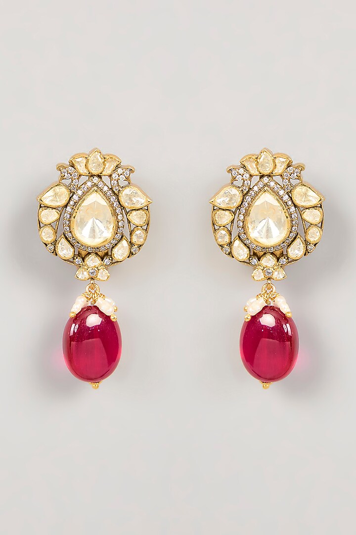 Black Rhodium Plated Red Kundan Polki Drop Earrings In Sterling Silver by KARISA DESIGNS at Pernia's Pop Up Shop