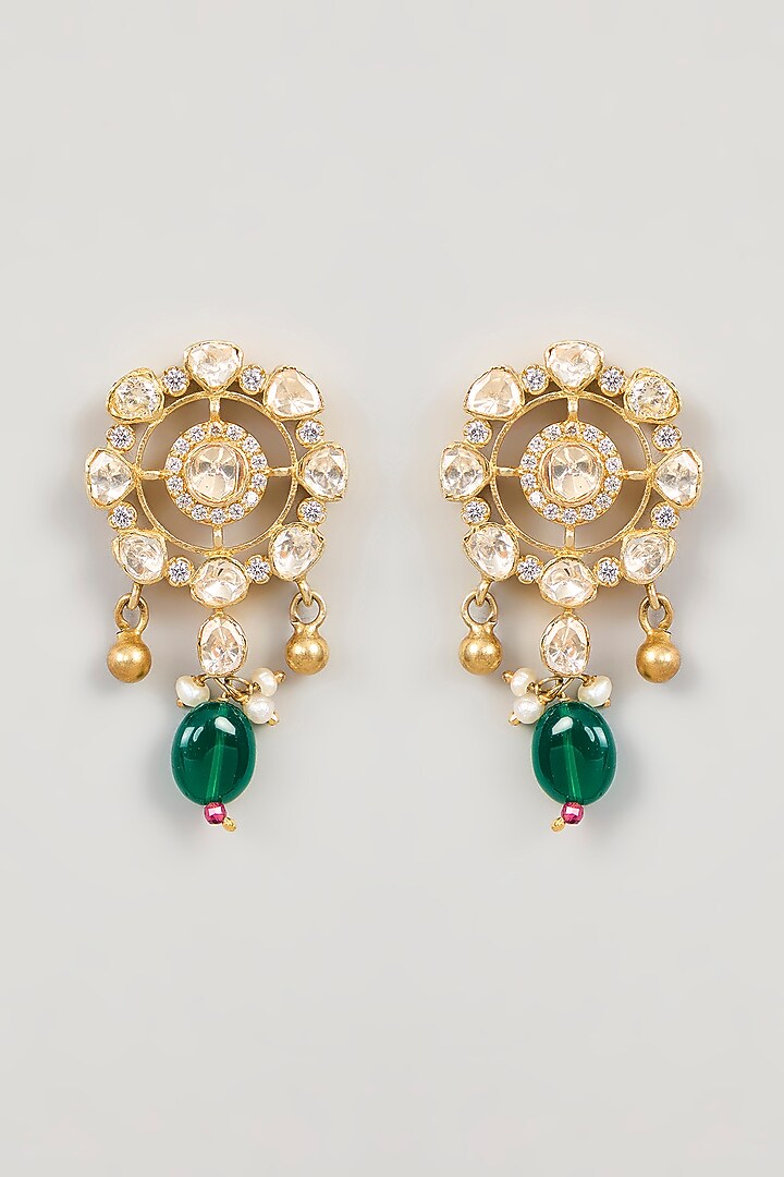 Gold Plated White Moissanite Polki Stud Earrings In Sterling Silver by KARISA DESIGNS at Pernia's Pop Up Shop