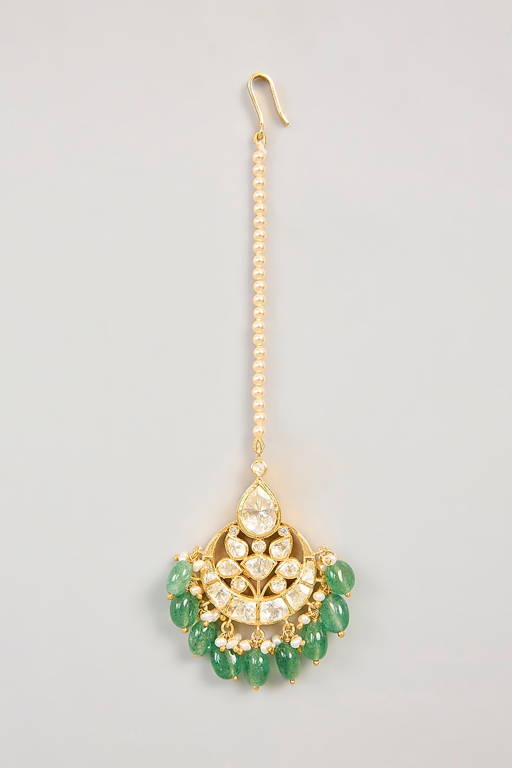 Gold Plated Green Kundan Polki Maang Tikka In Sterling Silver by KARISA DESIGNS at Pernia's Pop Up Shop