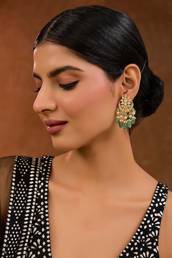 Gold Plated Kundan Polki Chandbali Earrings In Sterling Silver by KARISA DESIGNS at Pernia's Pop Up Shop