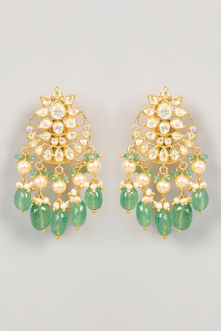 Gold Plated Kundan Polki Chandbali Earrings In Sterling Silver by KARISA DESIGNS at Pernia's Pop Up Shop