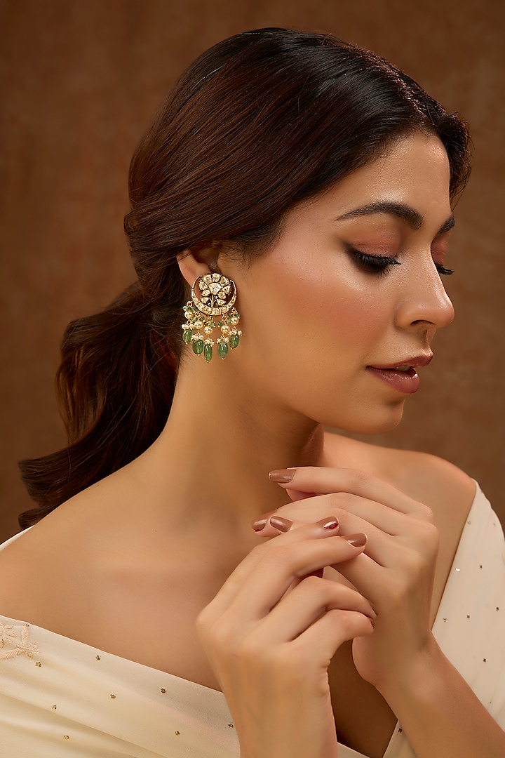 Gold Plated Kundan Polki & Green Drop Chandbali Earrings In Sterling Silver by KARISA DESIGNS at Pernia's Pop Up Shop