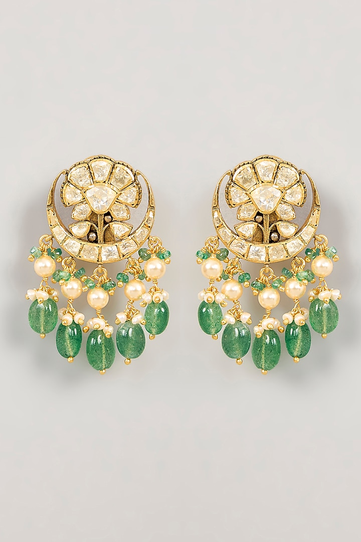 Gold Plated Kundan Polki & Green Drop Chandbali Earrings In Sterling Silver by KARISA DESIGNS at Pernia's Pop Up Shop