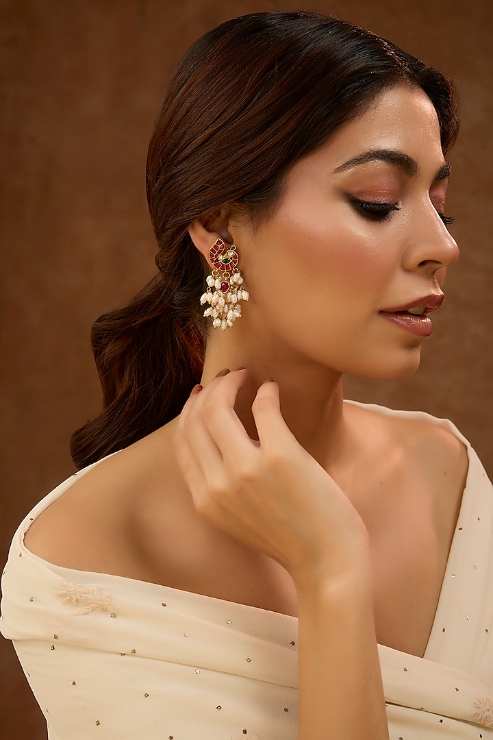 Gold Plated Kundan Polki & Pearls Peacock Earrings In Sterling Silver by KARISA DESIGNS at Pernia's Pop Up Shop