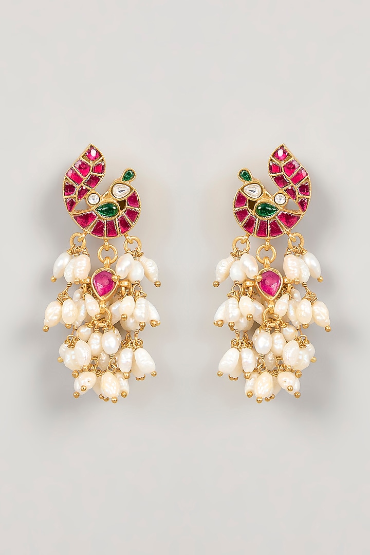 Gold Plated Kundan Polki & Pearls Peacock Earrings In Sterling Silver by KARISA DESIGNS at Pernia's Pop Up Shop