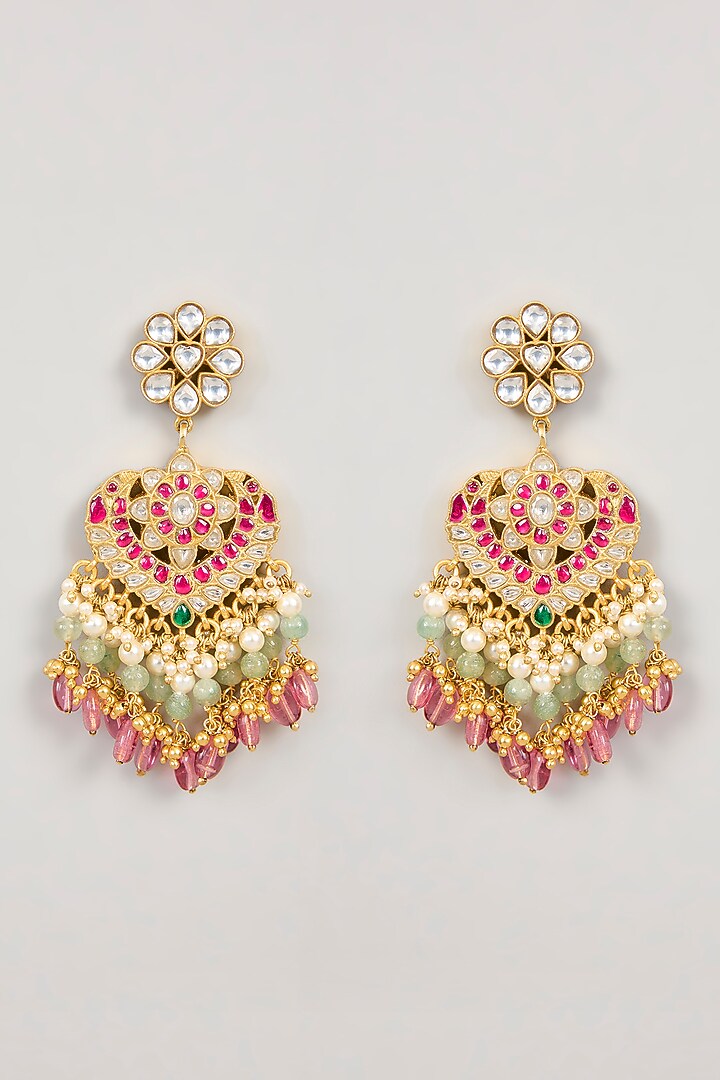 Gold Plated Red Kundan Polki Dangler Earrings In Sterling Silver by KARISA DESIGNS at Pernia's Pop Up Shop