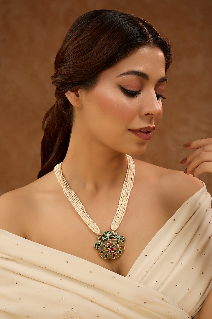 Gold Plated Green Kundan Polki Necklace In Sterling Silver by KARISA DESIGNS at Pernia's Pop Up Shop