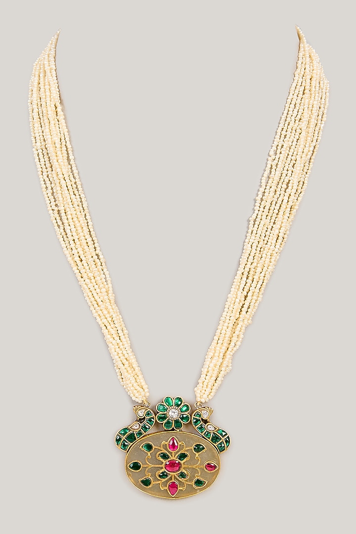 Gold Plated Green Kundan Polki Necklace In Sterling Silver by KARISA DESIGNS at Pernia's Pop Up Shop
