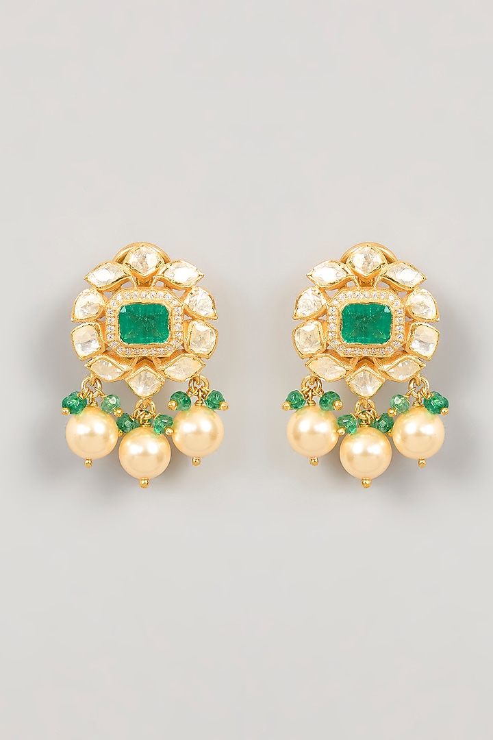Gold Plated Green Kundan Polki & Pearl Drop Dangler Earrings In Sterling Silver by KARISA DESIGNS at Pernia's Pop Up Shop