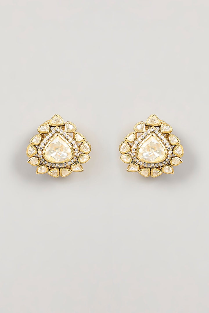 Black Rhodium Plated White Kundan Polki Stud Earrings In Sterling Silver by KARISA DESIGNS at Pernia's Pop Up Shop
