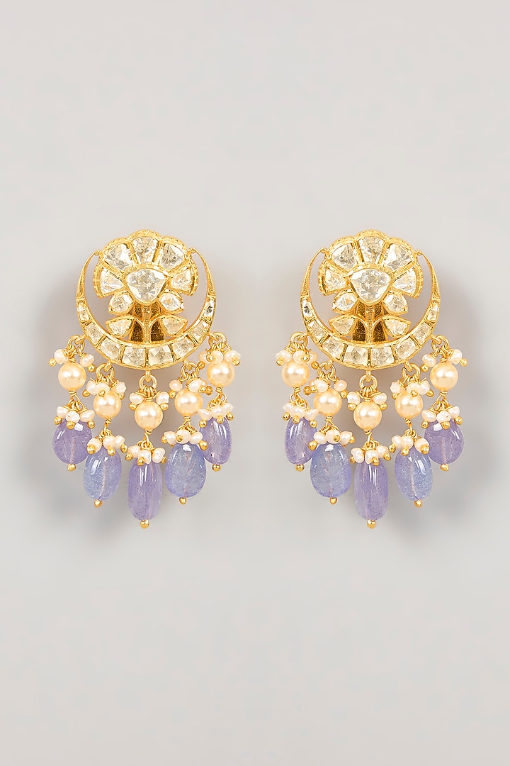 Gold Plated Kundan Polki & Blue Drop Chandbali Earrings In Sterling Silver by KARISA DESIGNS at Pernia's Pop Up Shop