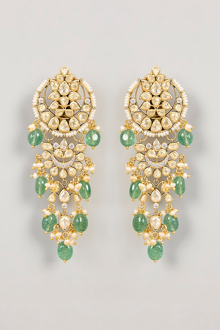 Gold Plated White Kundan Polki Dangler Earrings In Sterling Silver by KARISA DESIGNS at Pernia's Pop Up Shop