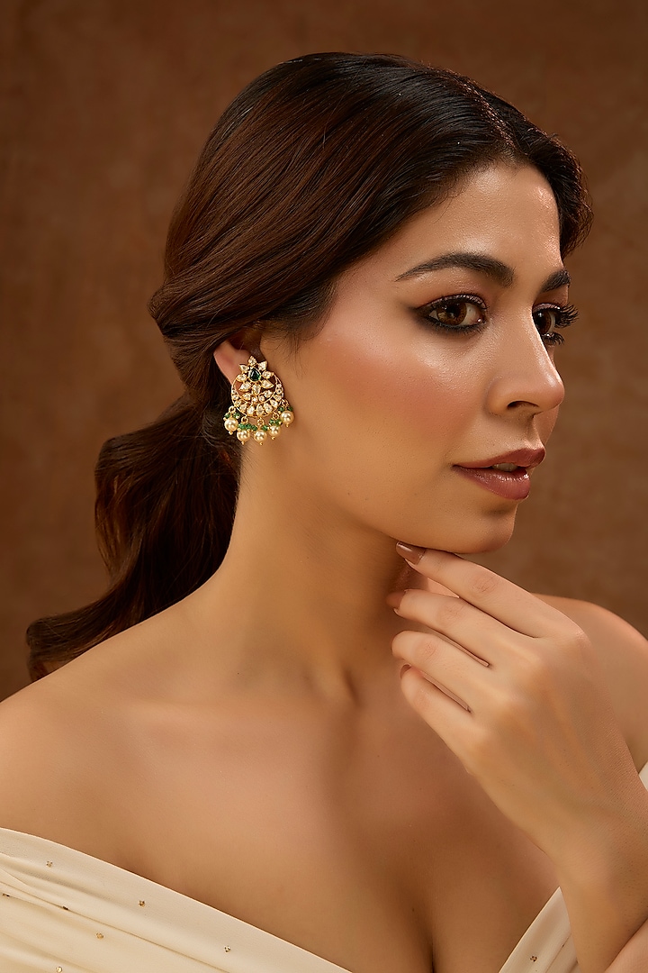 Gold Plated Green Kundan Polki & Pearl Drop Chandbali Earrings In Sterling Silver by KARISA DESIGNS at Pernia's Pop Up Shop