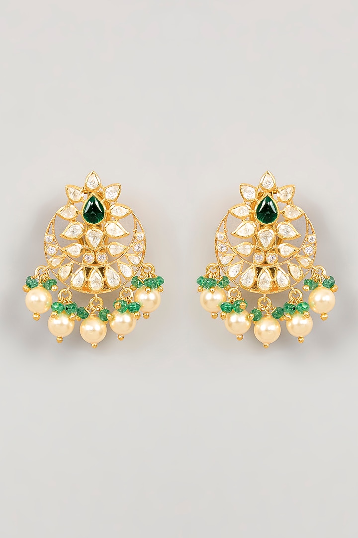 Gold Plated Green Kundan Polki & Pearl Drop Chandbali Earrings In Sterling Silver by KARISA DESIGNS at Pernia's Pop Up Shop