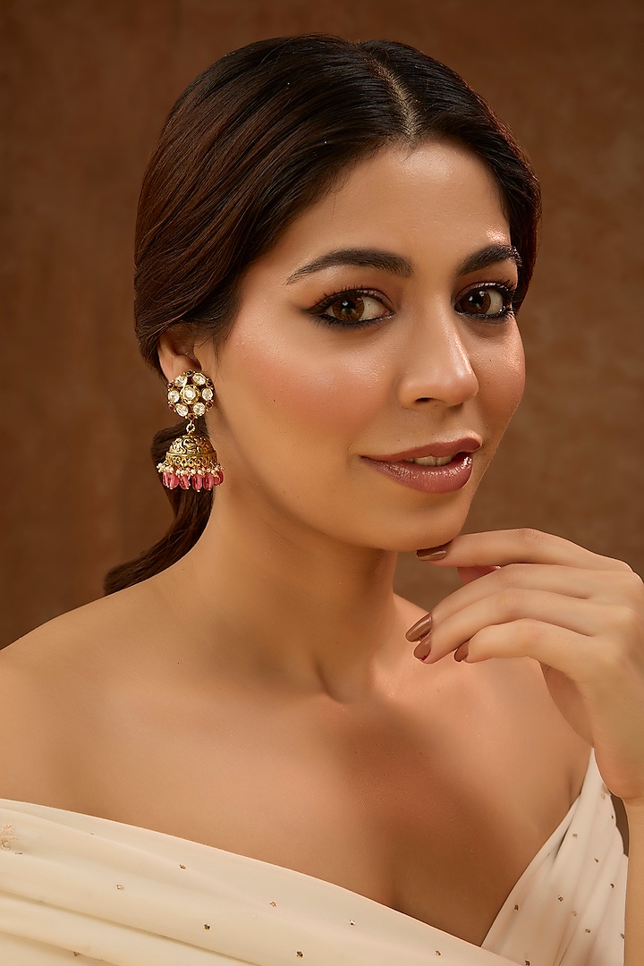 Gold Plated White Kundan Polki Jhumka Earrings In Sterling Silver by KARISA DESIGNS at Pernia's Pop Up Shop