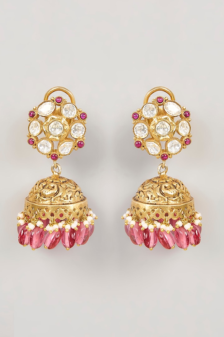 Gold Plated White Kundan Polki Jhumka Earrings In Sterling Silver by KARISA DESIGNS at Pernia's Pop Up Shop
