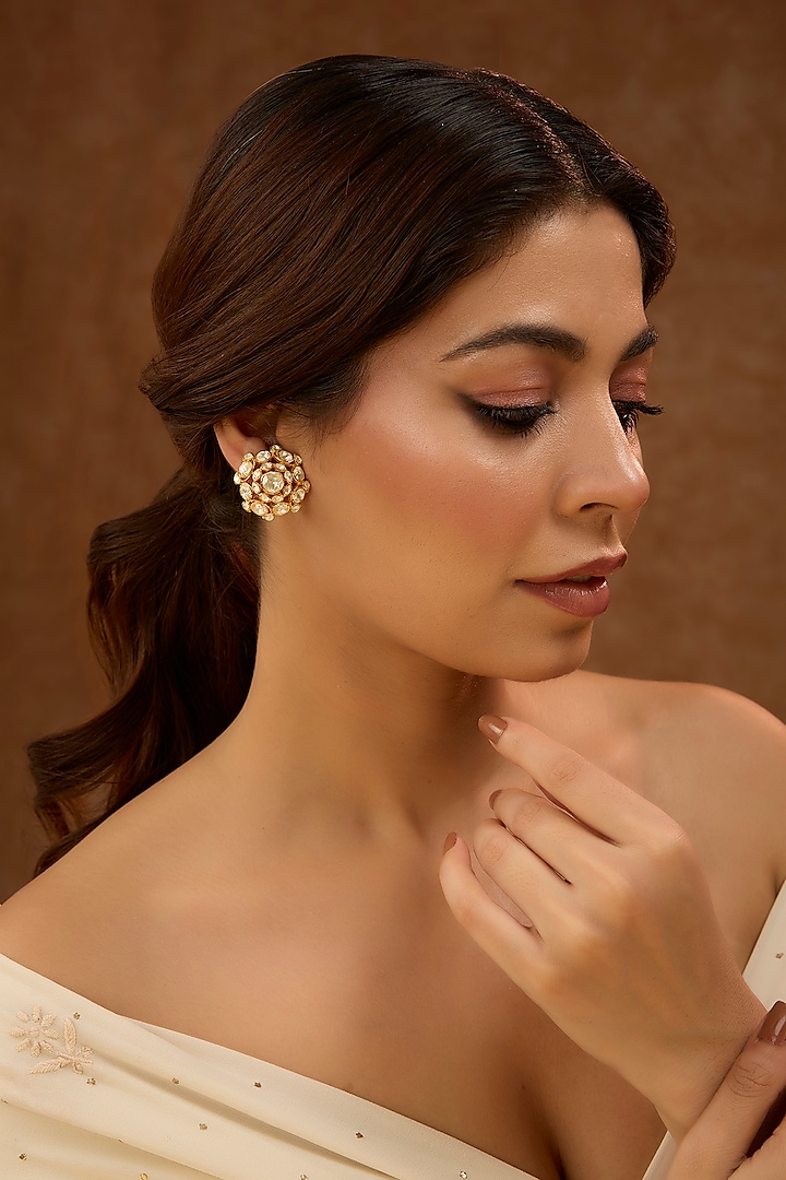 Gold Plated Moissanite Polki Stud Earrings In Sterling Silver by KARISA DESIGNS at Pernia's Pop Up Shop