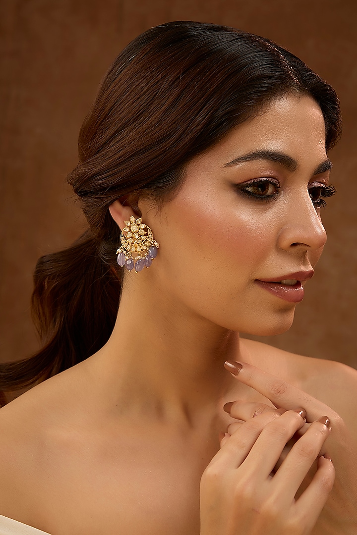 Gold Plated White Kundan Polki Dangler Earrings In Sterling Silver by KARISA DESIGNS at Pernia's Pop Up Shop