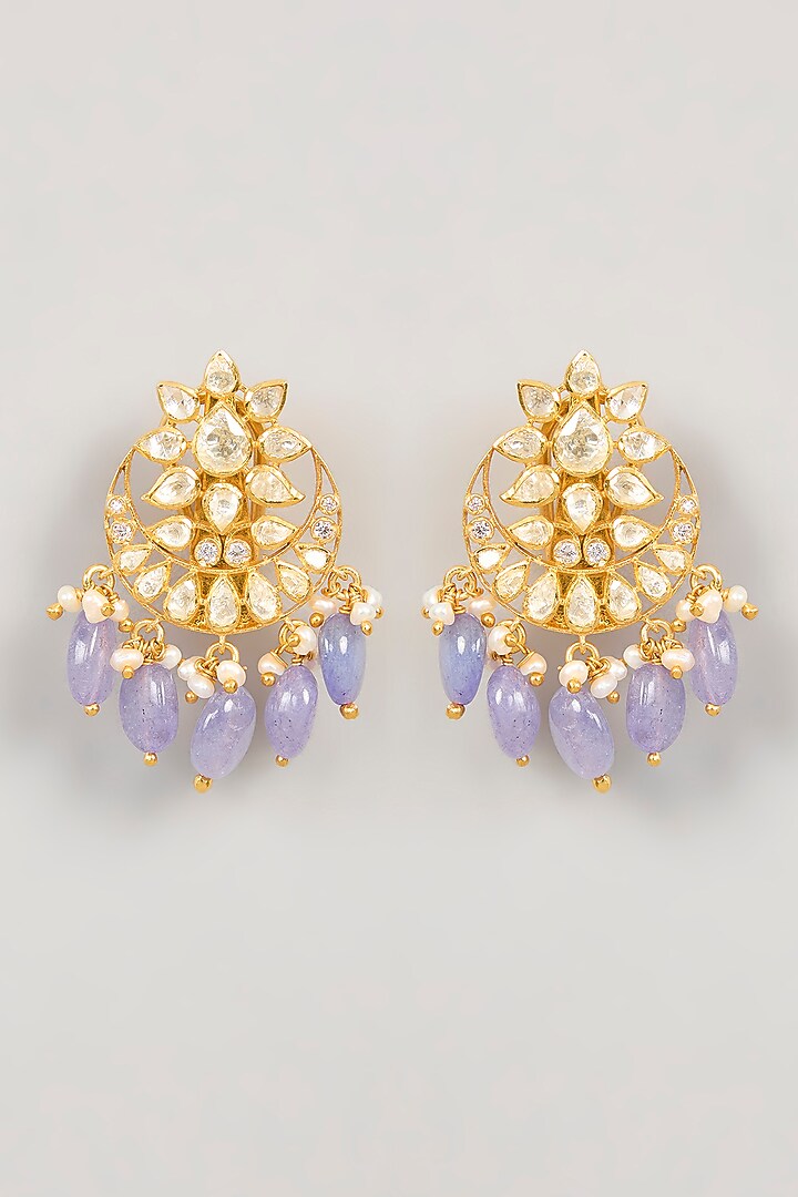 Gold Plated White Kundan Polki Dangler Earrings In Sterling Silver by KARISA DESIGNS at Pernia's Pop Up Shop