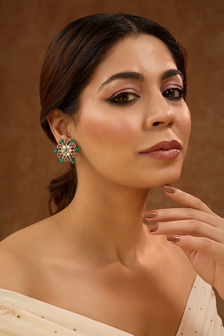 Gold Plated Green Kundan Polki Stud Earrings In Sterling Silver by KARISA DESIGNS at Pernia's Pop Up Shop