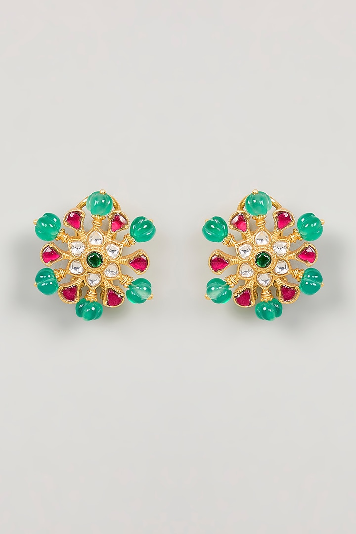 Gold Plated Green Kundan Polki Stud Earrings In Sterling Silver by KARISA DESIGNS at Pernia's Pop Up Shop